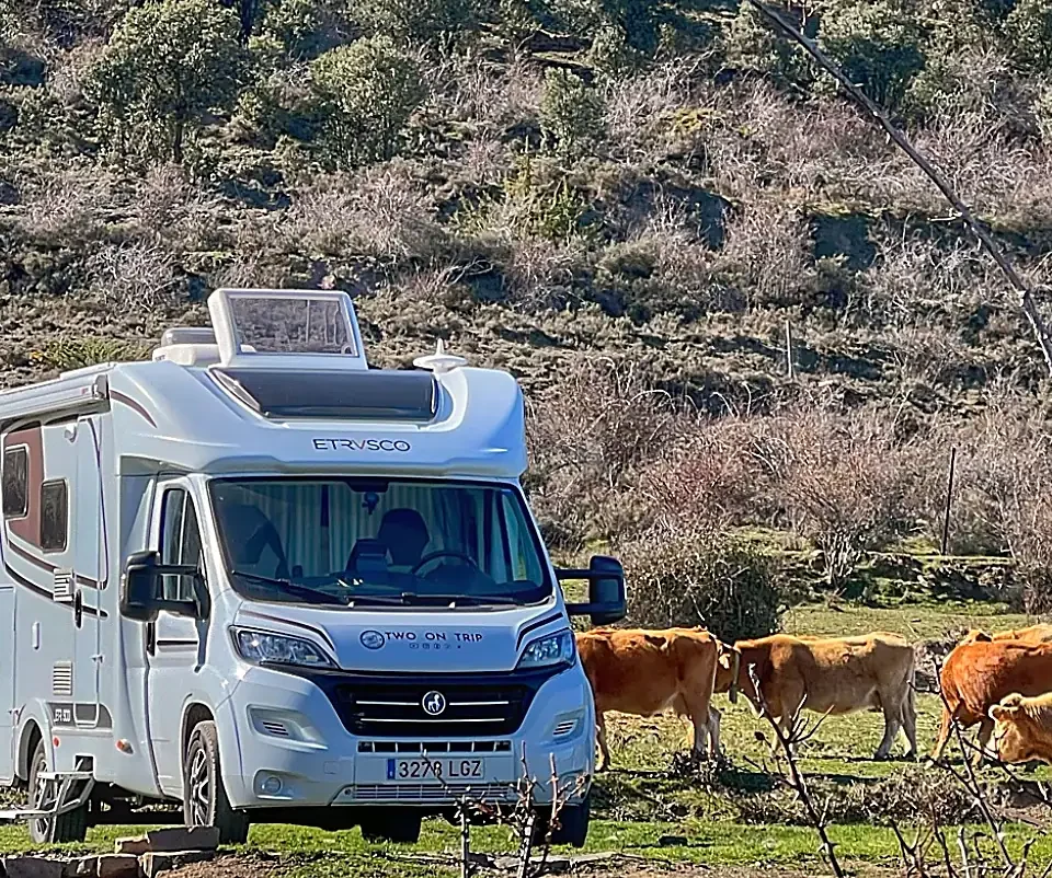 Soria: autocaravana de Two On Trip aparcada en un prado con vacas y montes al fondo
