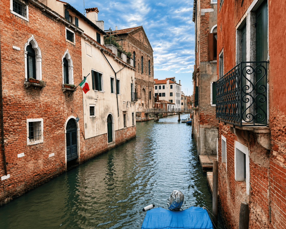 Canal típico del centro histórico de Venecia con edificios tradicionales y un puente al fondo